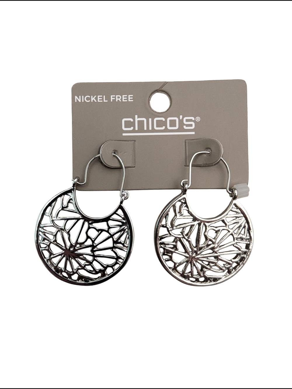 Chico’s Silver Tone Filigree Hoop Earrings Nickel Free NWT
